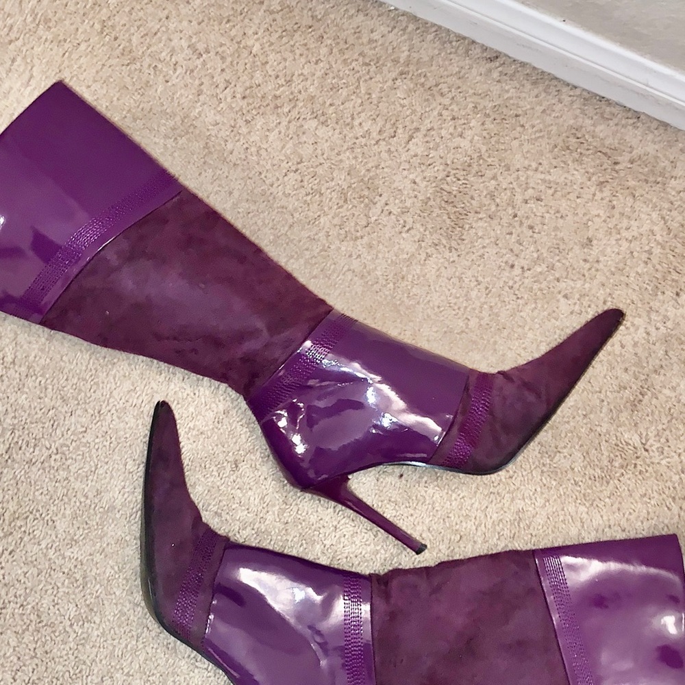 4-inch Stiletto Purple Velvet Patent Leather Boots